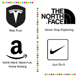 The Tesla logo has the words "Ride free" beneath it. The Amazon logo is above the words "Work hard. Have fun. Make history." The North Face logo has the words "Never stop exploring" beneath it. The Nike logo is above the words "Just do it."